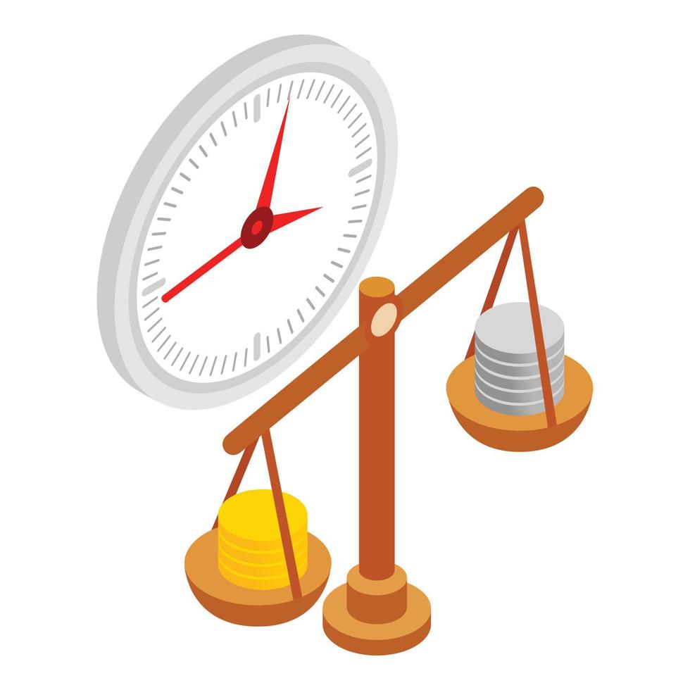 Keeping finance icon isometric vector. Stack of coin on scales and round clock vector