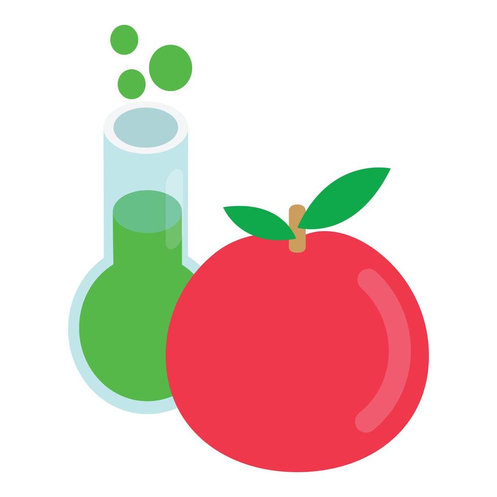 Educational equipment icon isometric vector. Laboratory flask fresh red apple vector