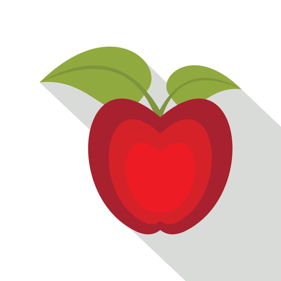 Red apple with green leaves icon, flat style vector