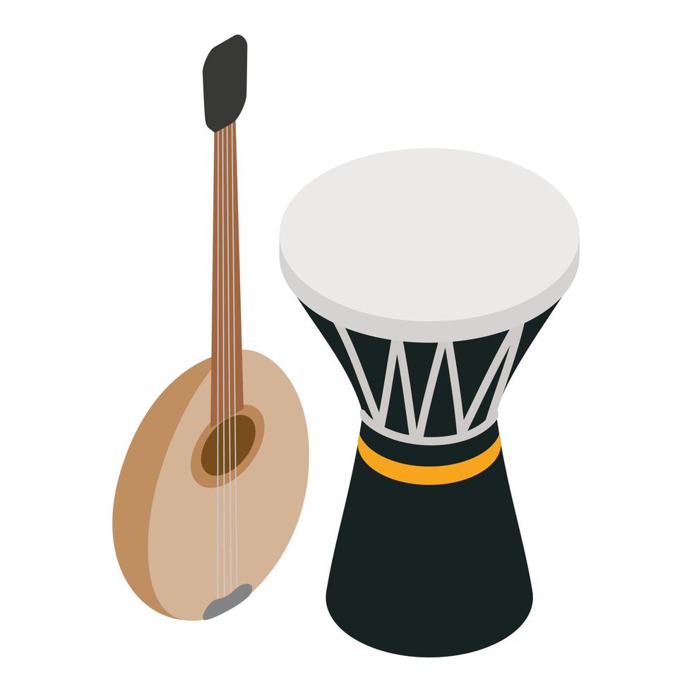 vector isométrico del icono del instrumento musical. tambor tradicional de madera saz y darbuka