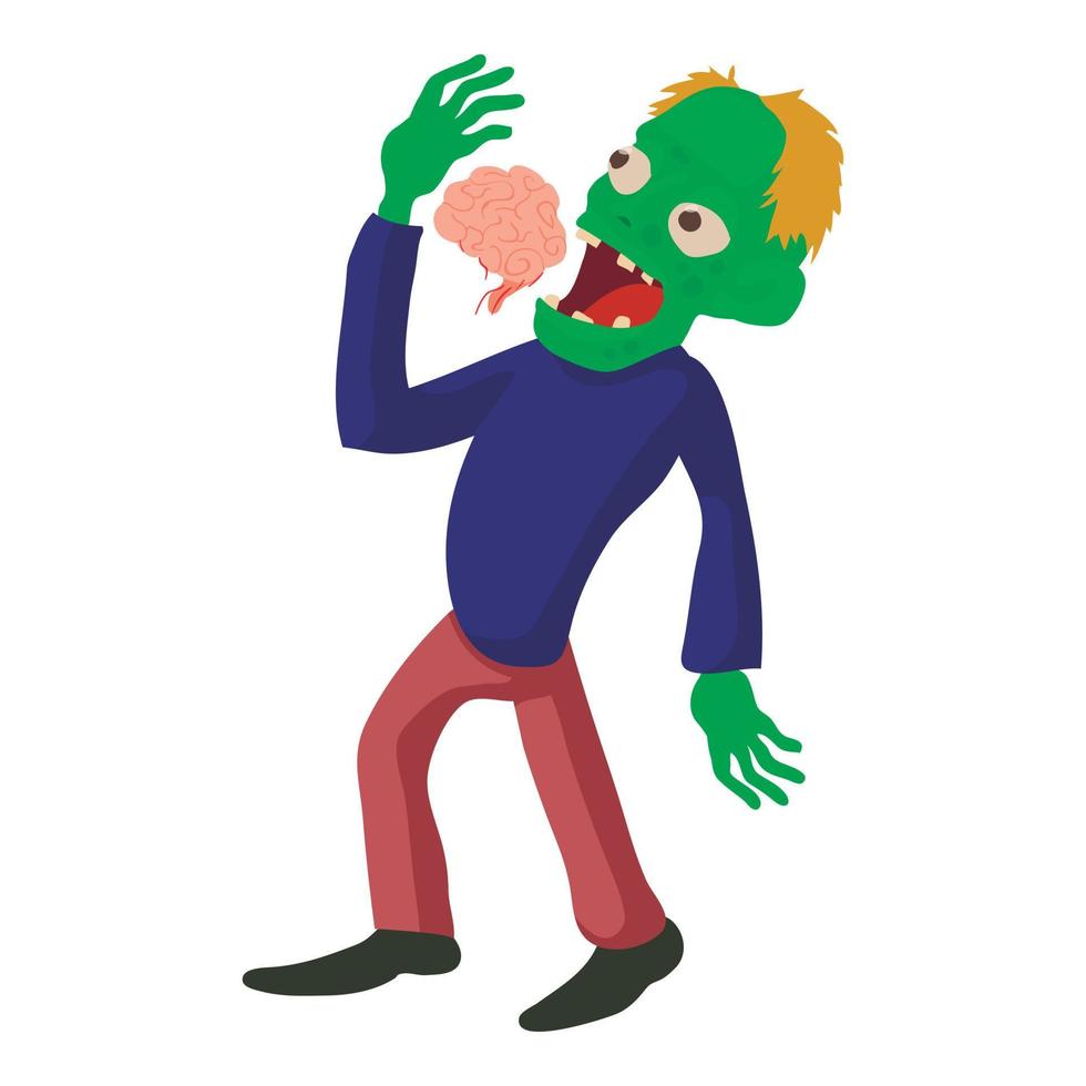 zombie está comiendo icono de cerebros, estilo de dibujos animados vector