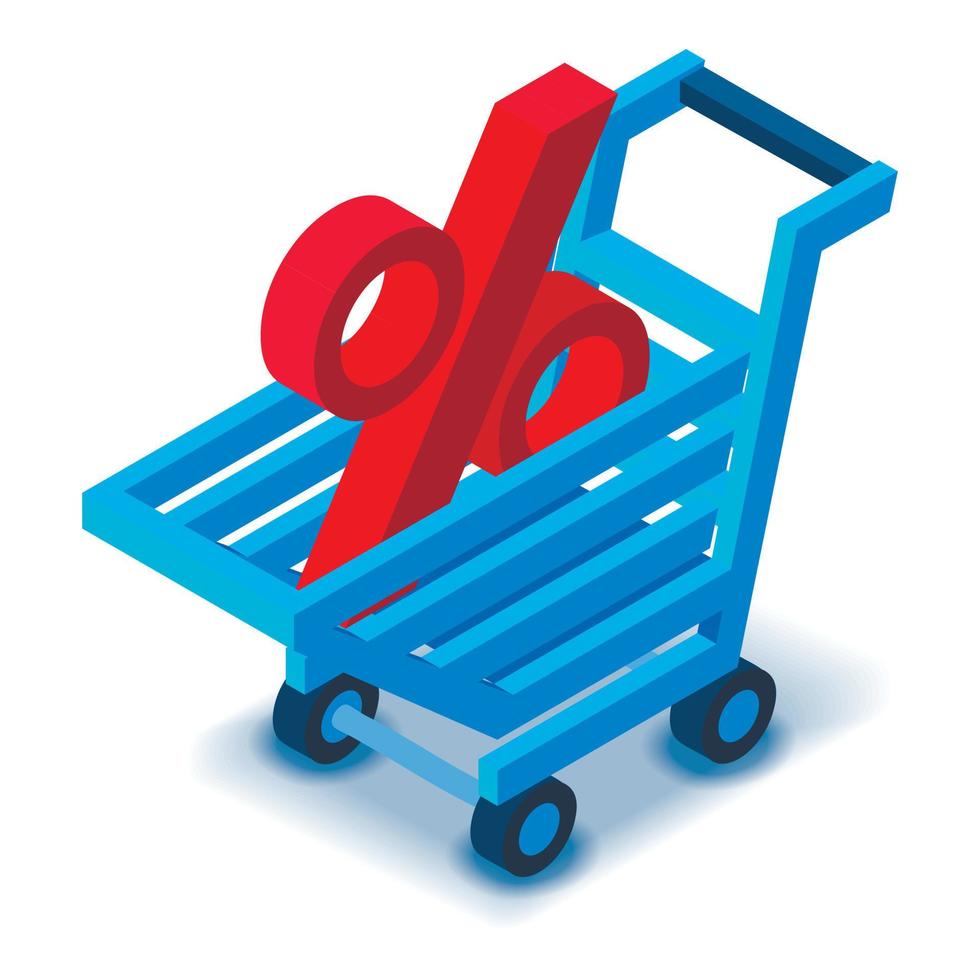 Shopping cart percent sign icon, isometric style vector