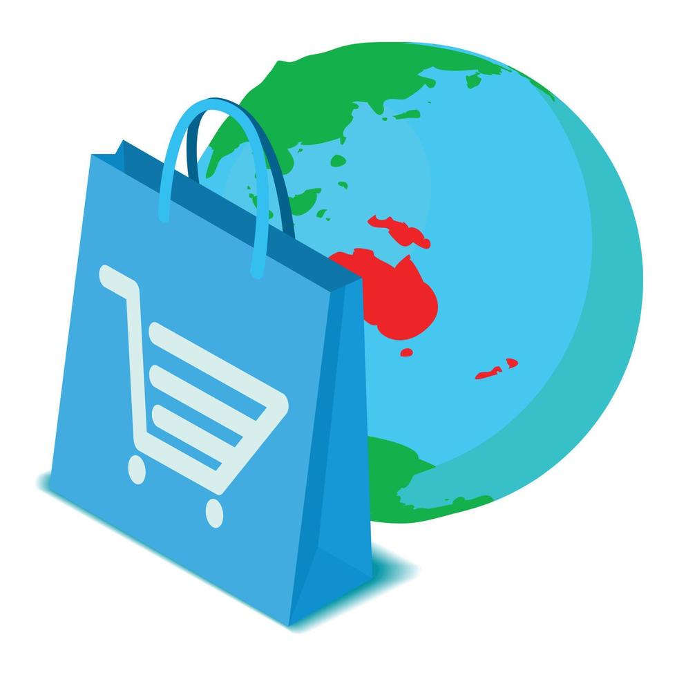 Global trading icon isometric vector. Shopping bag on planet earth background vector