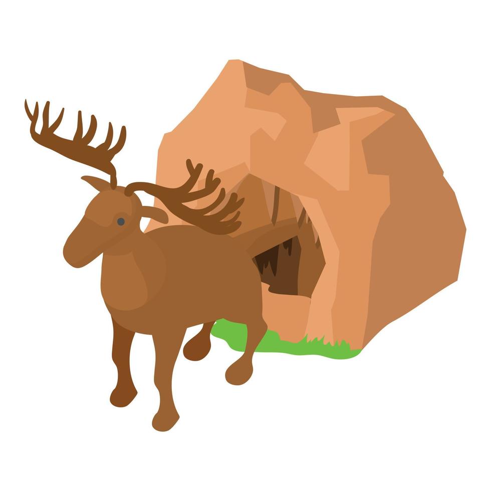 vector isométrico de icono de animal salvaje. alces marrones salvajes cerca del icono de entrada de la cueva de piedra