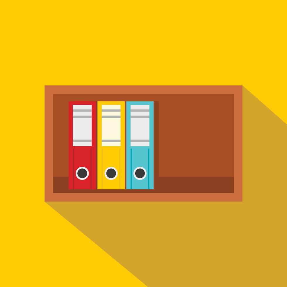 Colorful office folders on wooden shelf icon vector