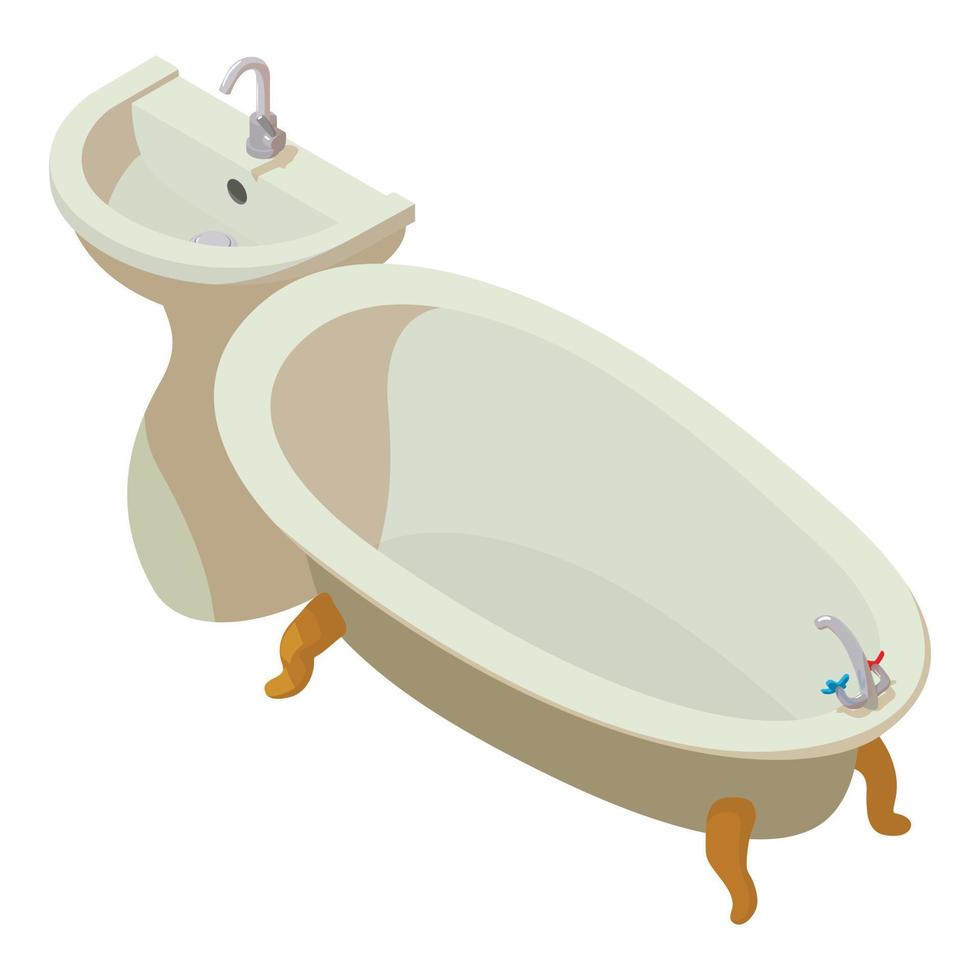Modern plumbing icon isometric vector. New wash basin with faucet and bathtub vector