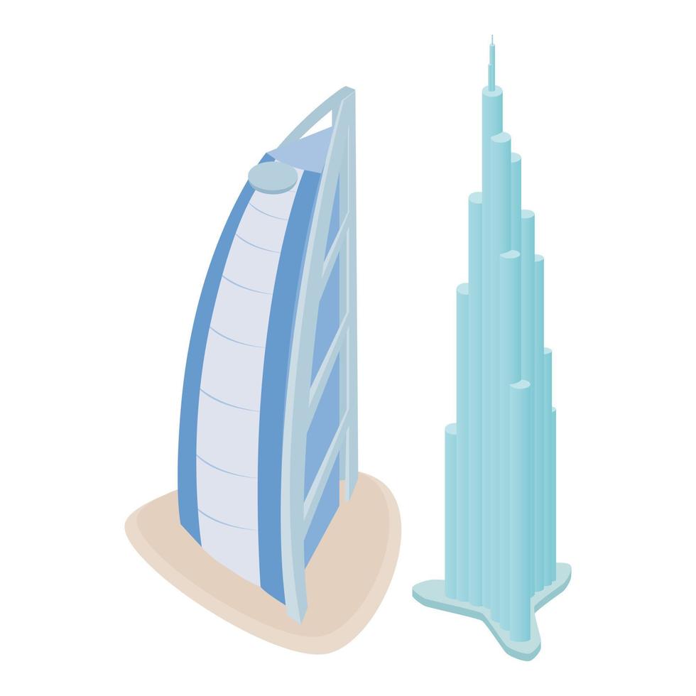 vector isométrico del icono de punto de referencia de dubai. edificio burj khalifa burj al arab hotel