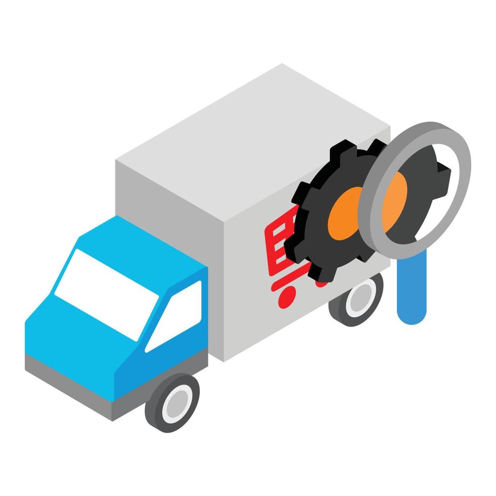 Delivery tracking icon isometric vector. Delivery service truck and magnifier vector