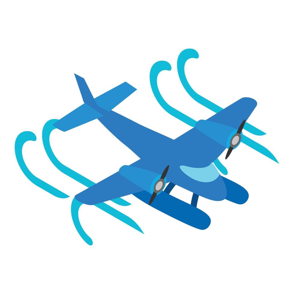 Seaplane icon isometric vector. Blue twin screw seaplane flying in air flow icon vector