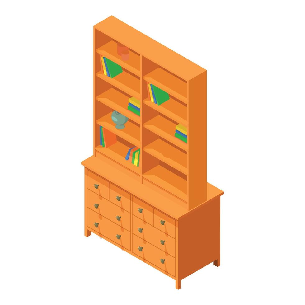 icono de librería vector isométrico. nueva librería de madera con icono de libro y casillero