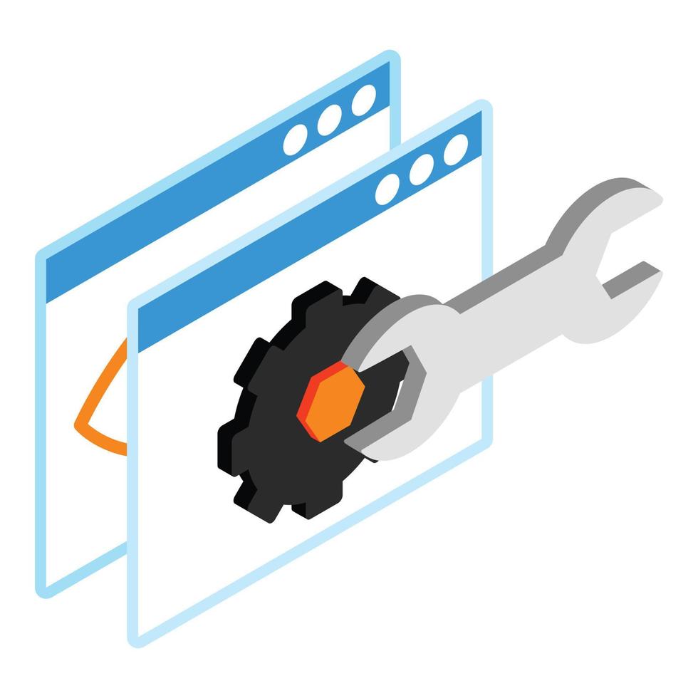 Website setup icon isometric vector. Web page with wrench turning black gear vector