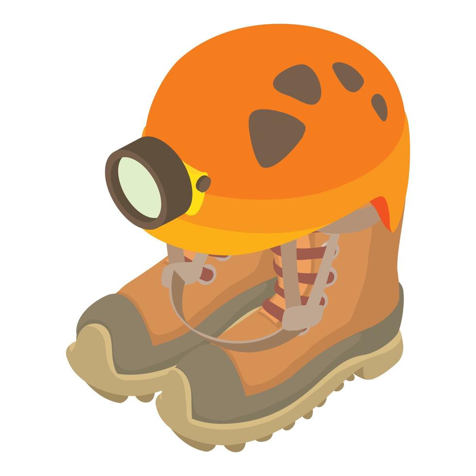 vector isométrico del icono del equipo de espeleología. casco de espeleología con linterna zapatilla de trekking