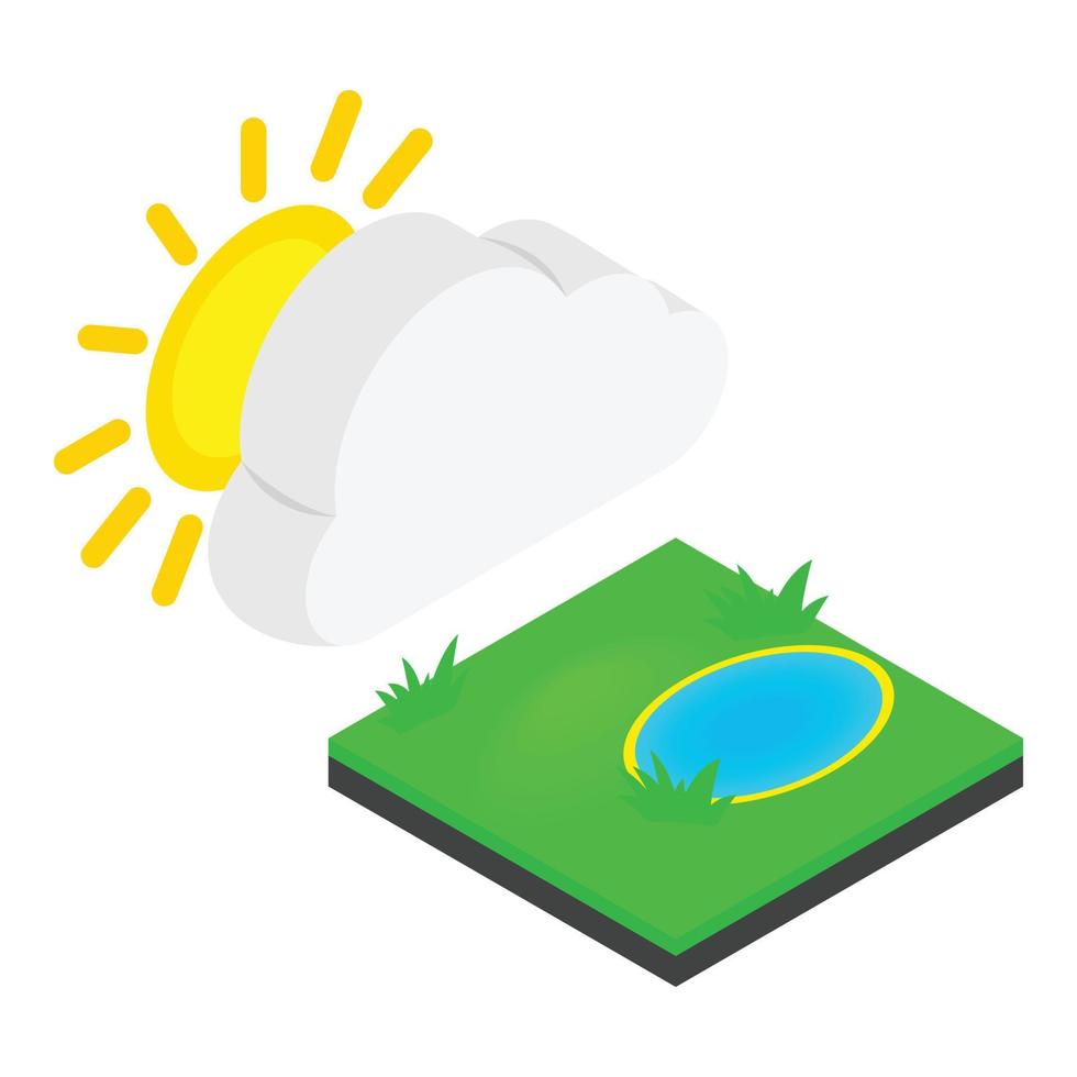 Cloud pond icon isometric vector. Pond with green grass yellow sun behind cloud vector