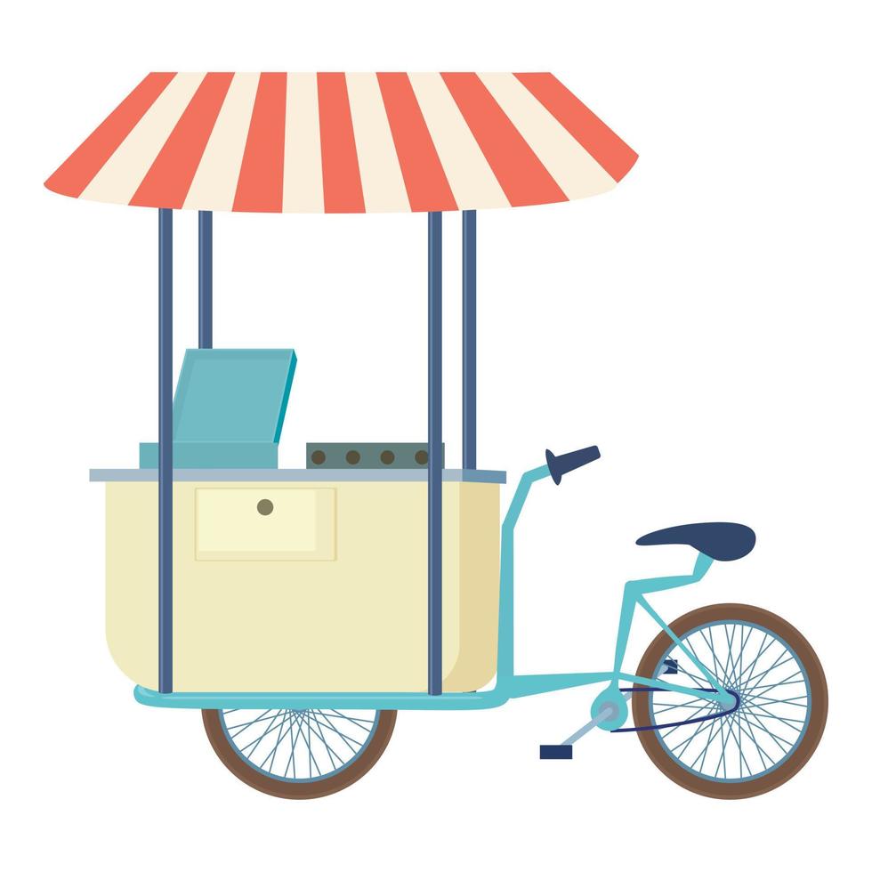 icono de bicicleta expendedora de carrito de comida, estilo de dibujos animados vector