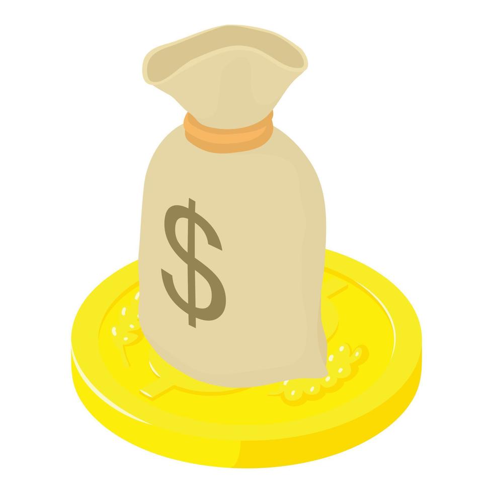 Wealth concept icon isometric vector. Bag full of money on big golden coin icon vector