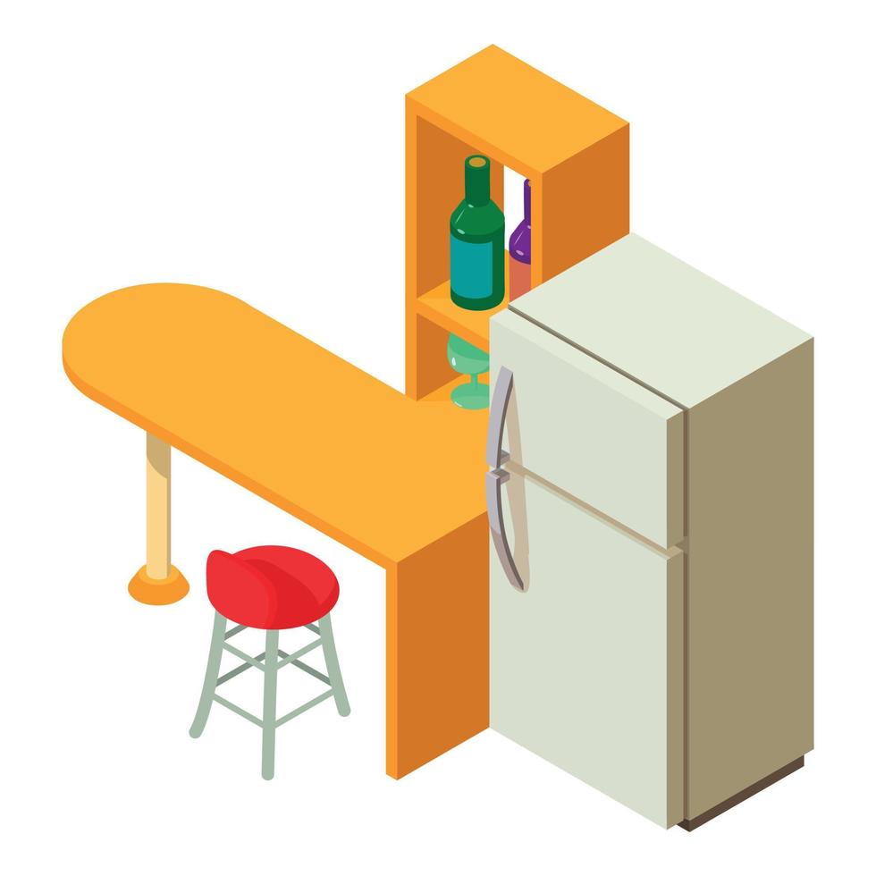 vector isométrico del icono del interior de la cocina. icono de refrigerador y muebles de cocina