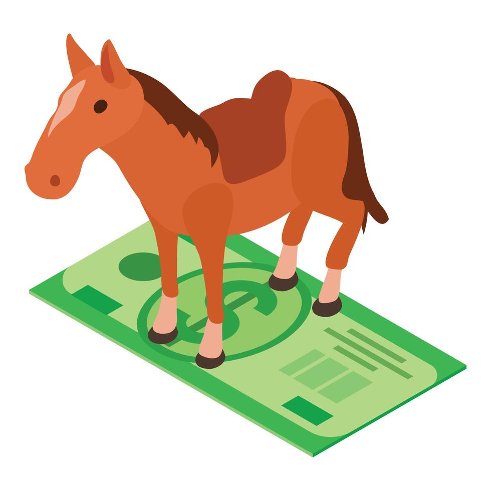 vector isométrico del icono del viejo oeste. caballo vaquero con silla de montar y un icono de billete de un dólar