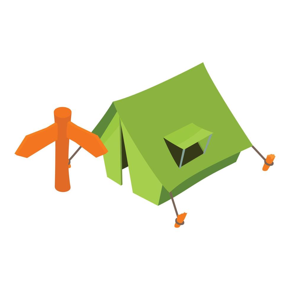 Ecological tourism icon isometric vector. Green tourist tent and wooden signpost vector