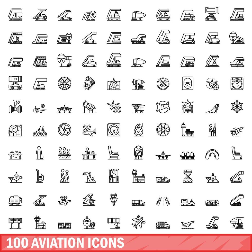 100 iconos de aviación, estilo de esquema vector
