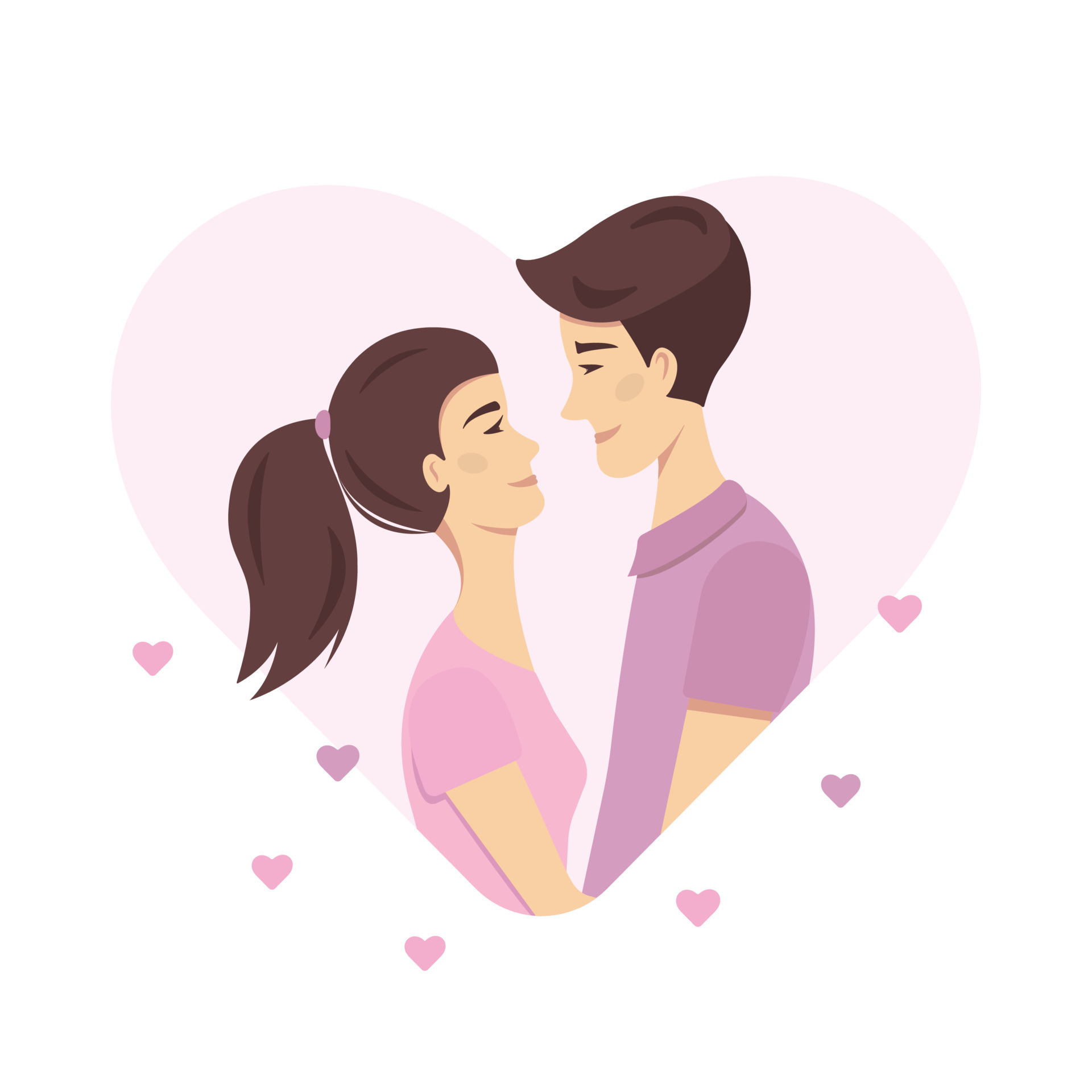 Valentine day concept. Romantic couple in love. Young smiling girl looks at  a guy. Happy cartoon characters in a pink heart. 15093401 Vector Art at  Vecteezy