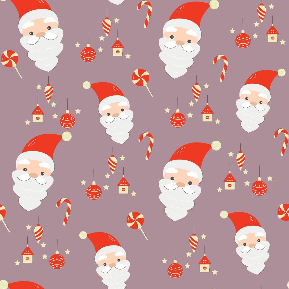 patrón de Navidad sin costuras con dibujos animados de santa y piruletas sobre un fondo rosa. diseño de papel de regalo. vector