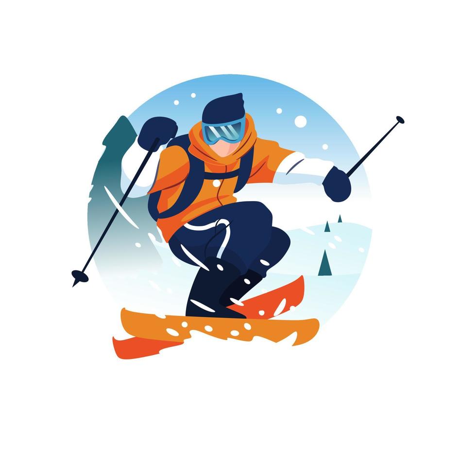 illustration of a man skiing and sliding down a mountain vector