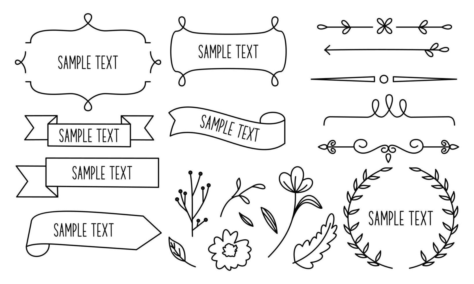 Retro line drawing frames, ribbons, florals,decorations and plants vector