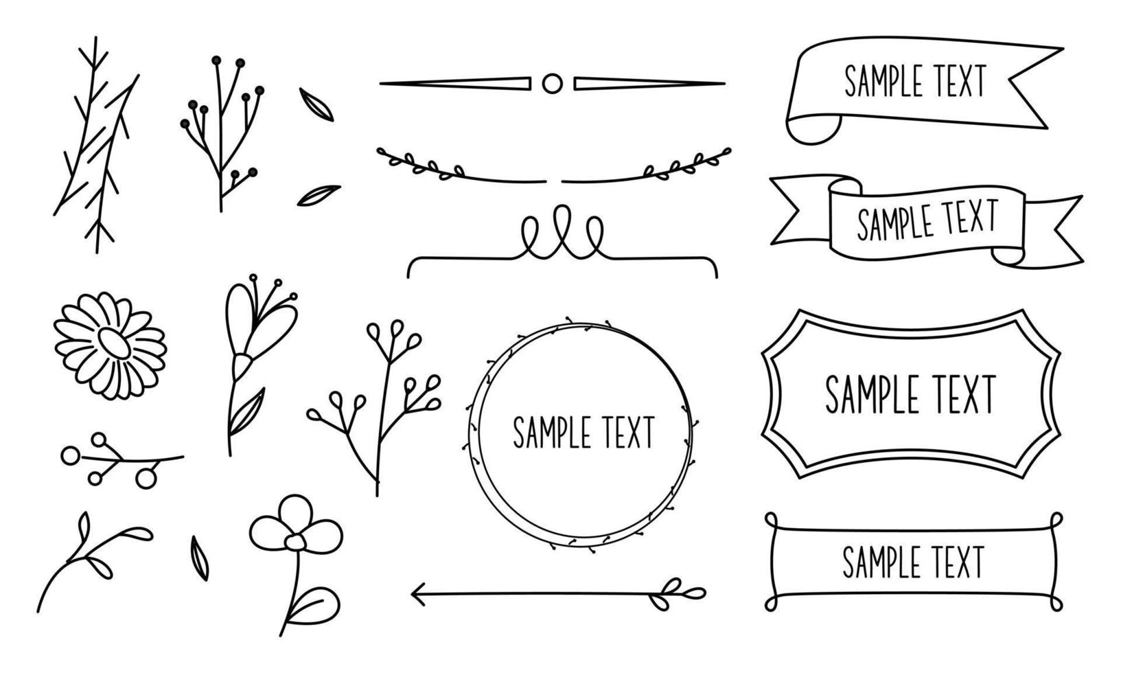 Retro line drawing frames, ribbons, florals,decorations and plants vector