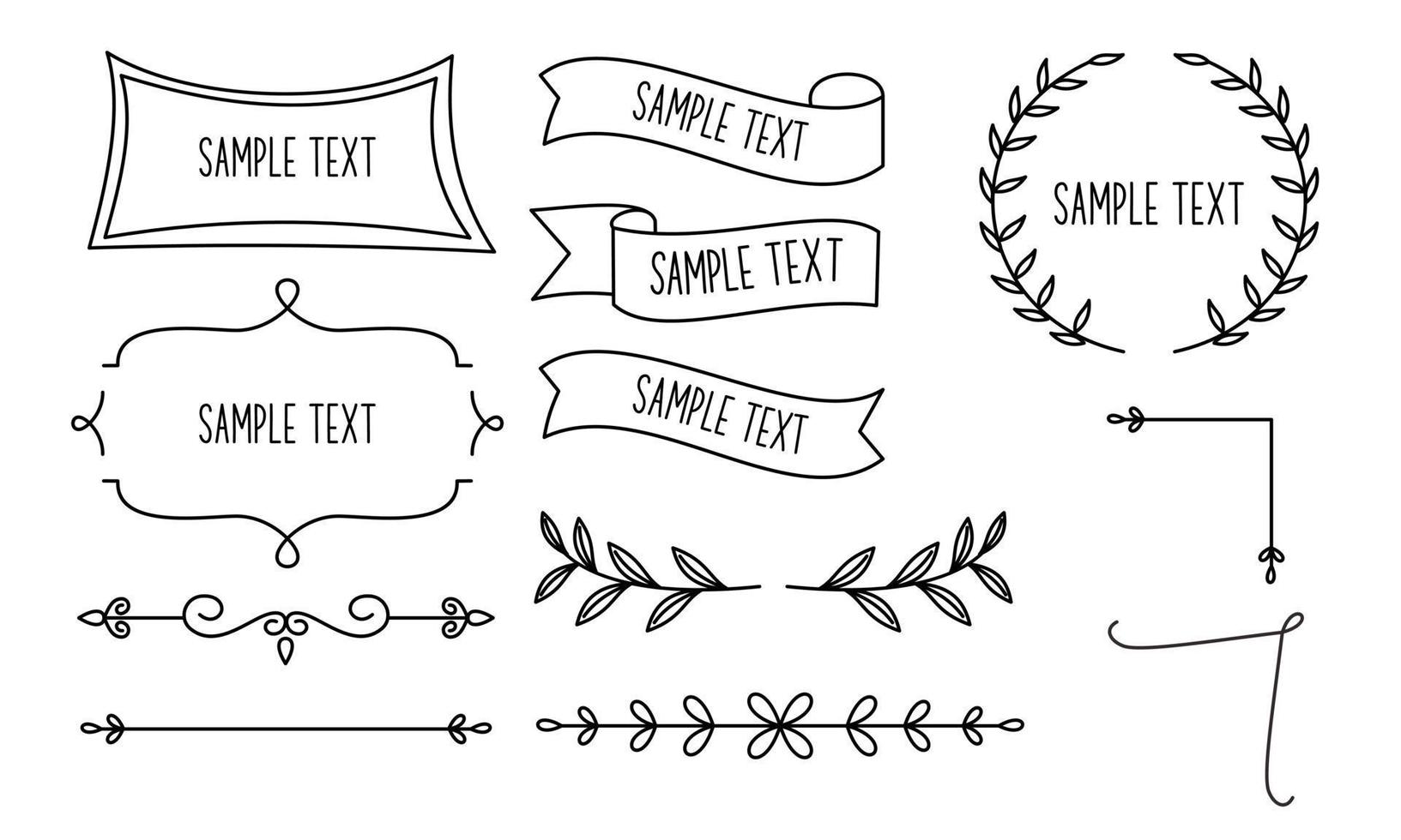 Retro line drawing frames, ribbons, florals,decorations and plants vector