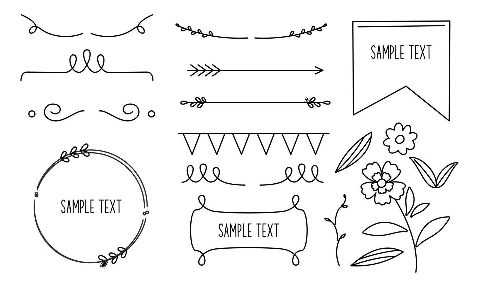 Retro line drawing frames, ribbons, florals,decorations and plants vector