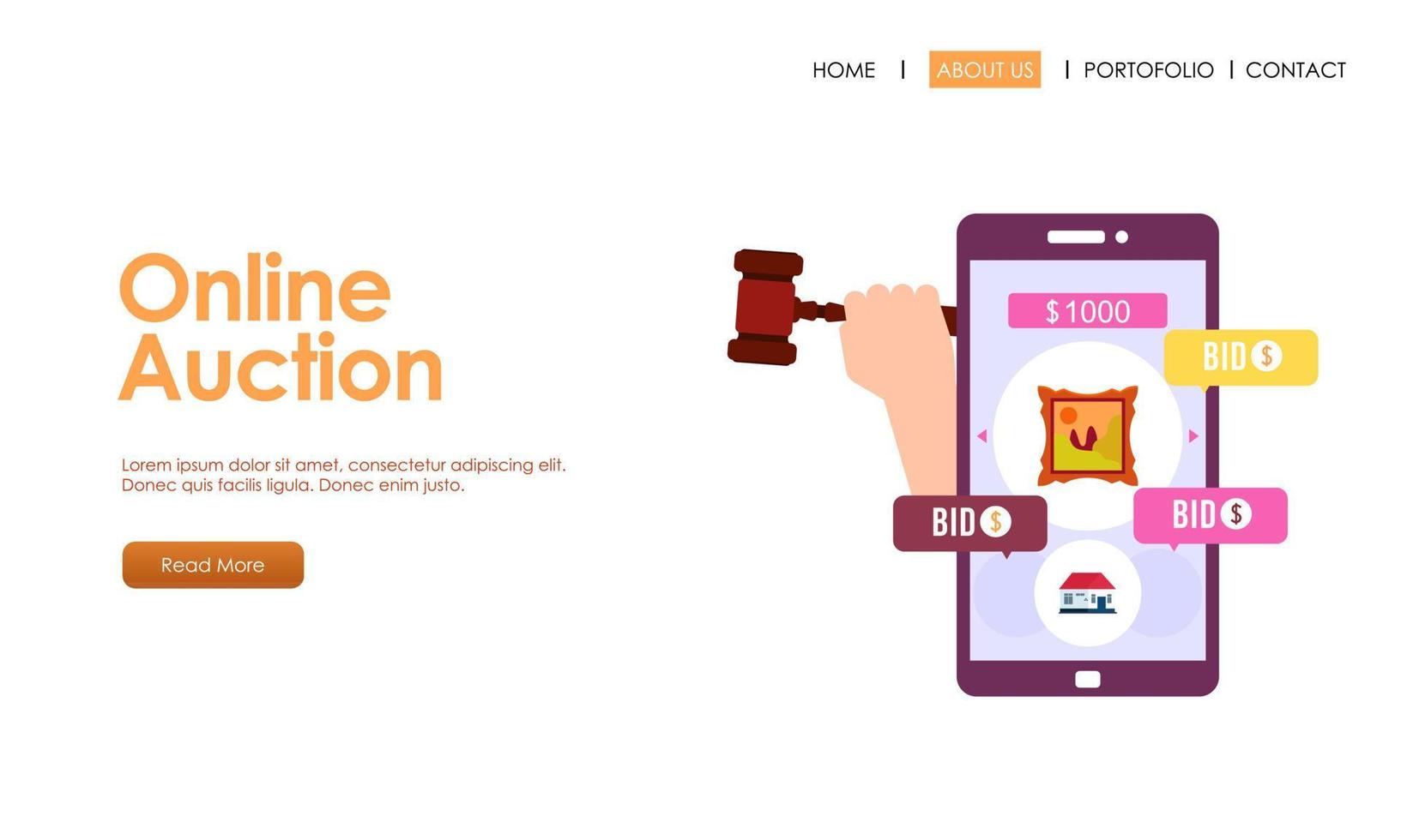 Bid and auction concept design landing page vector