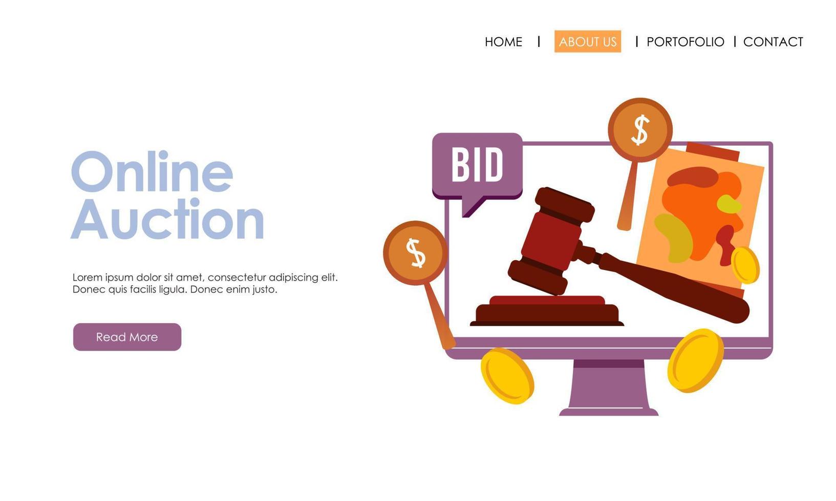 Bid and auction concept design landing page vector