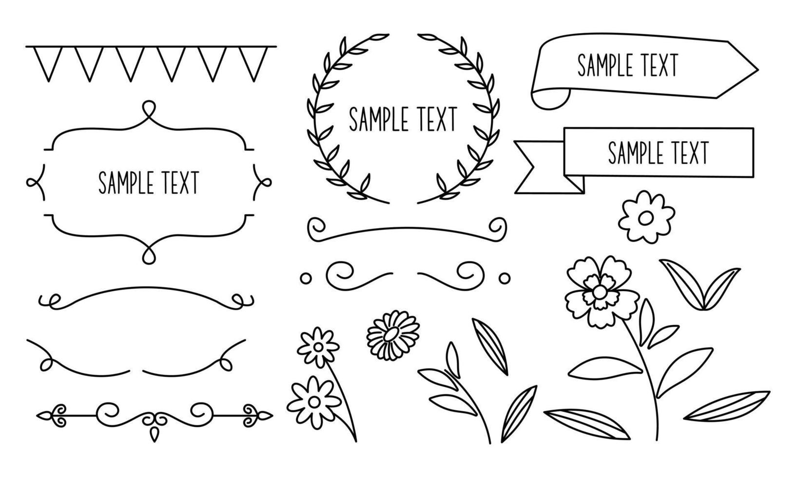 Retro line drawing frames, ribbons, florals,decorations and plants vector