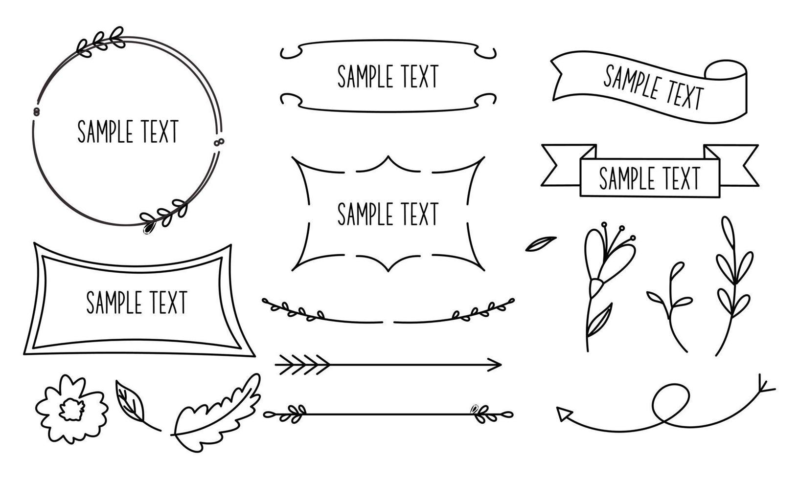 Retro line drawing frames, ribbons, florals,decorations and plants vector