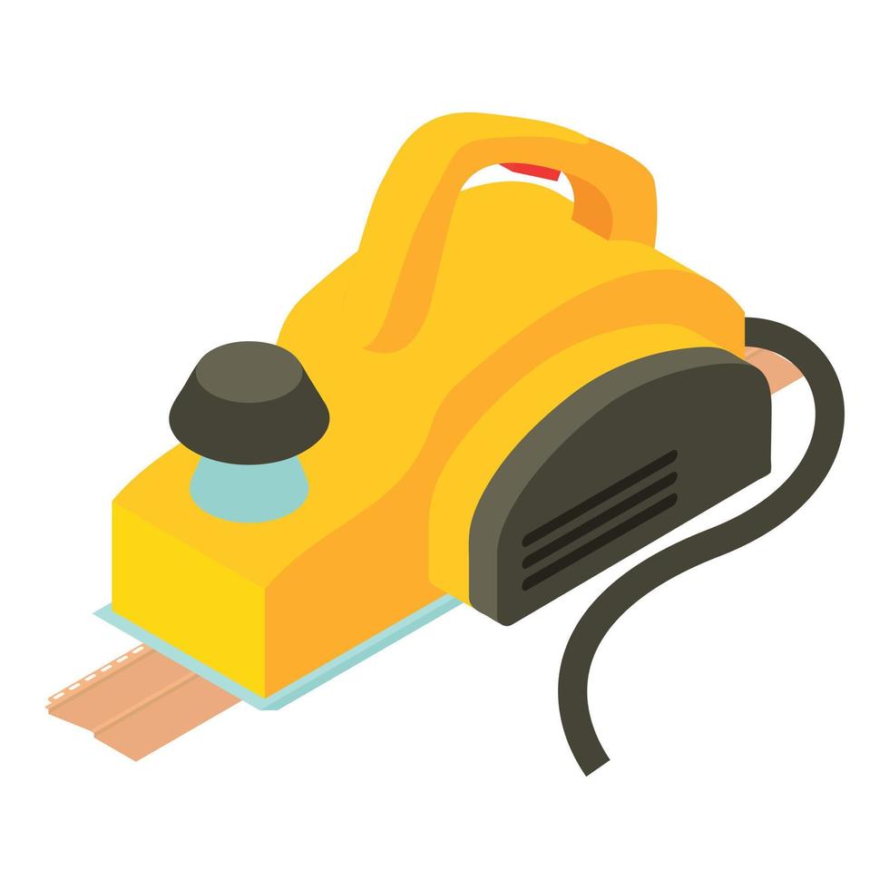 Powertool icon isometric vector. Yellow power planer and perforated plank icon vector