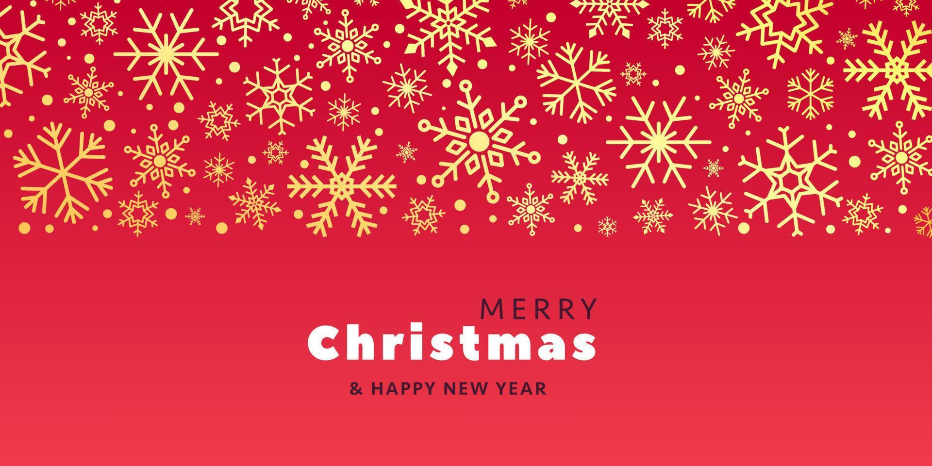 Vector flat horizontal up border red background Happy new Year 2023 Merry Christmas with flying different gold snowflakes crystal icons banner design