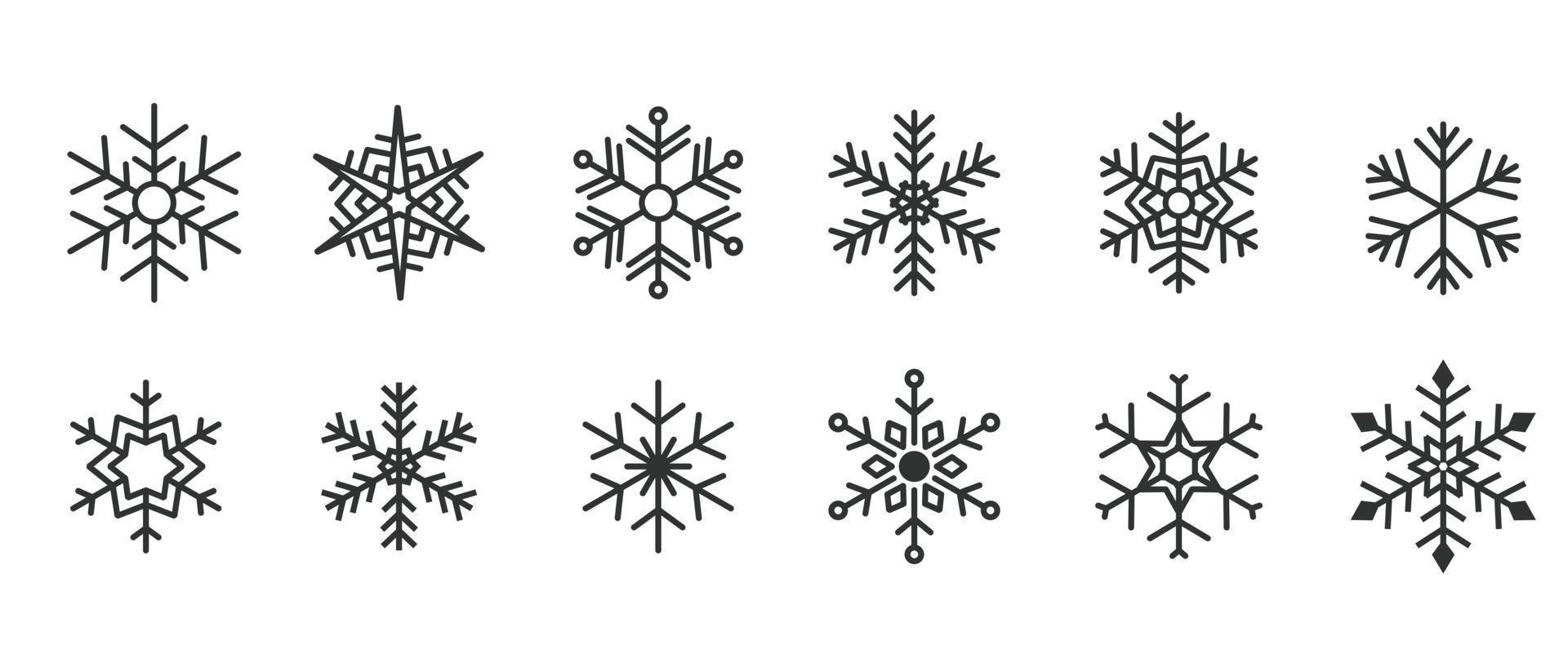 colección de navidad invierno línea plana arte negro forma diferente copos de nieve varios iconos diseño de elementos de decoración vector