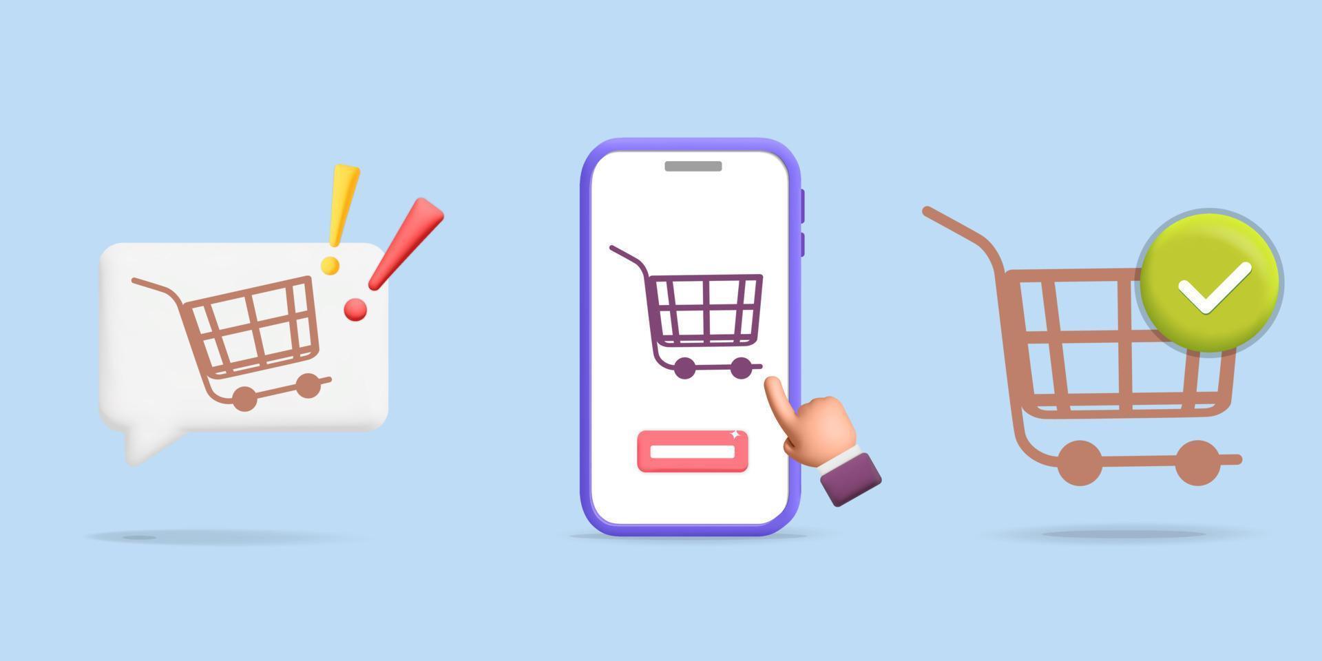 3d vector set of shop cart or e-commerce basket trolley icon design for online shopping, ordering internet web mobile app store element design