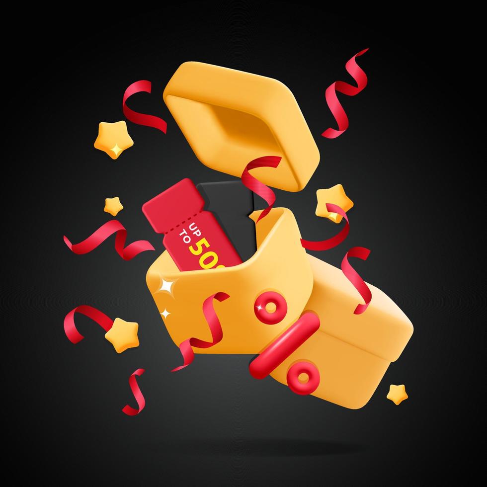3d vector cartoon render present gift box with discount sale voucher coupon ticket inside banner inside