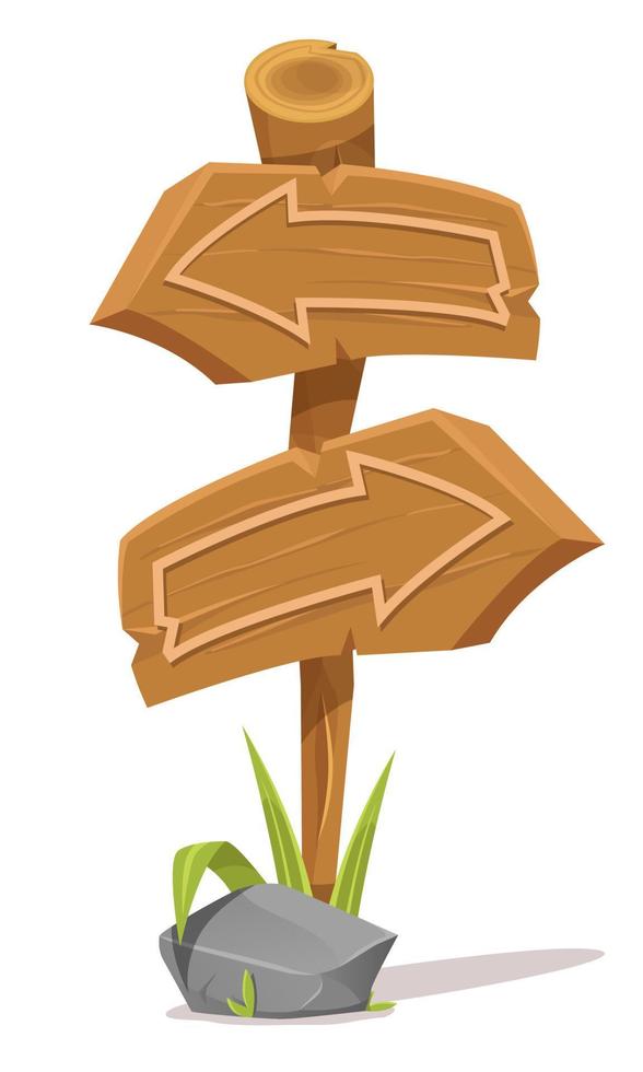 Set of wooden signposts on a tourist route. Way sign to summer camp, hiking trail. Guidepost with arrow. Flat isolated vector illustration