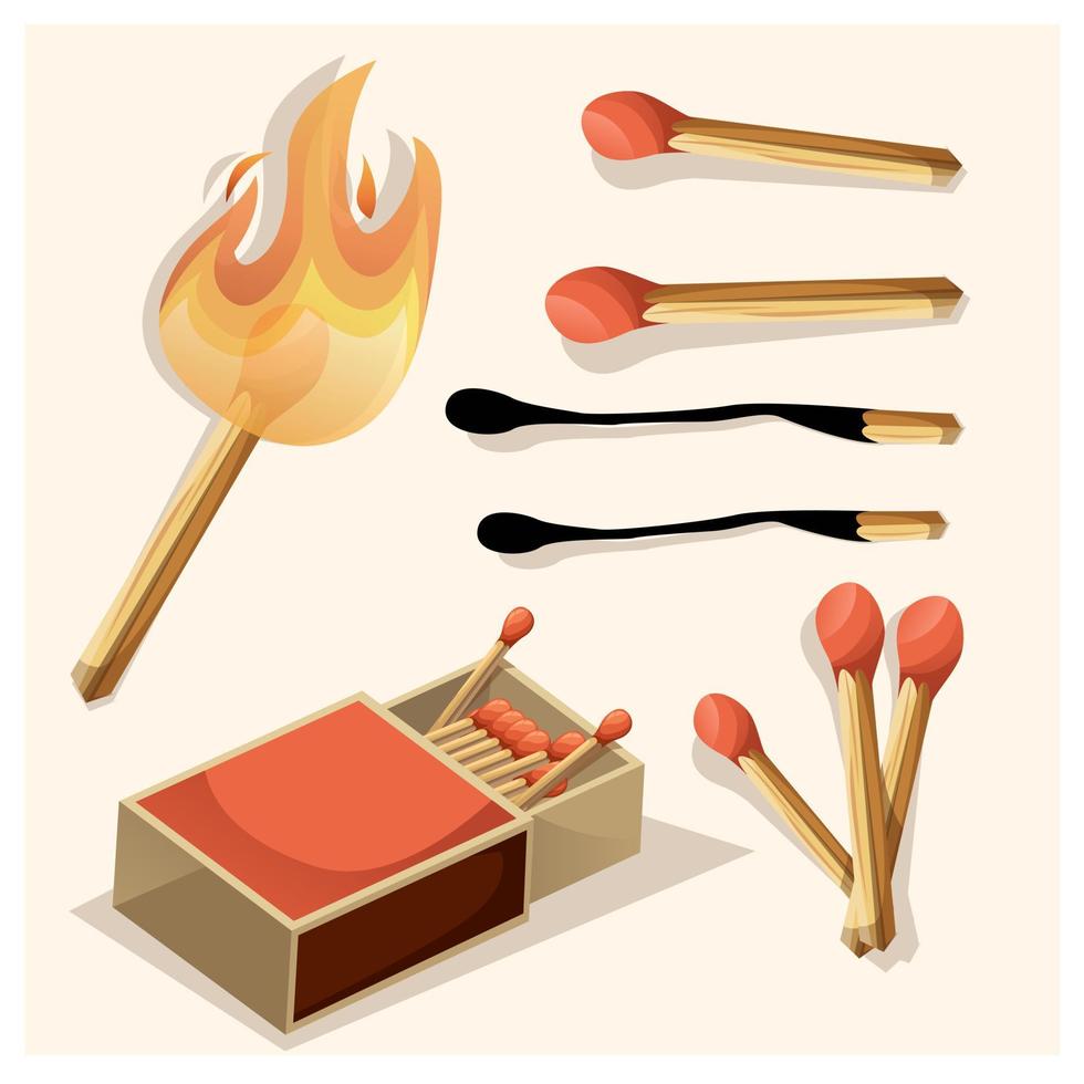 Burning match animation kit. Wood whole matchstick with sulfur head flaming stages from ignition to extinction. Sequence steps of combustion. Vector cartoon household wooden stick set