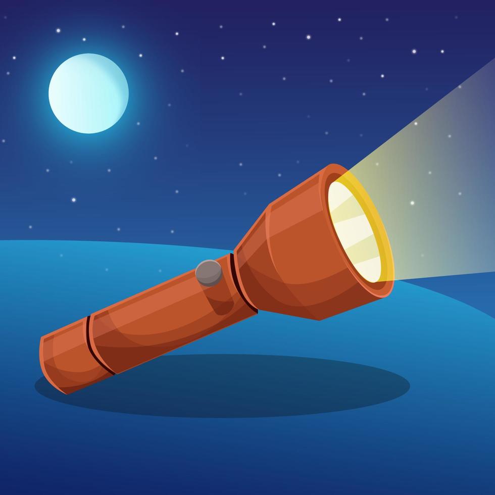 flashlight with night forest background. Shine. light up space. metal. vector