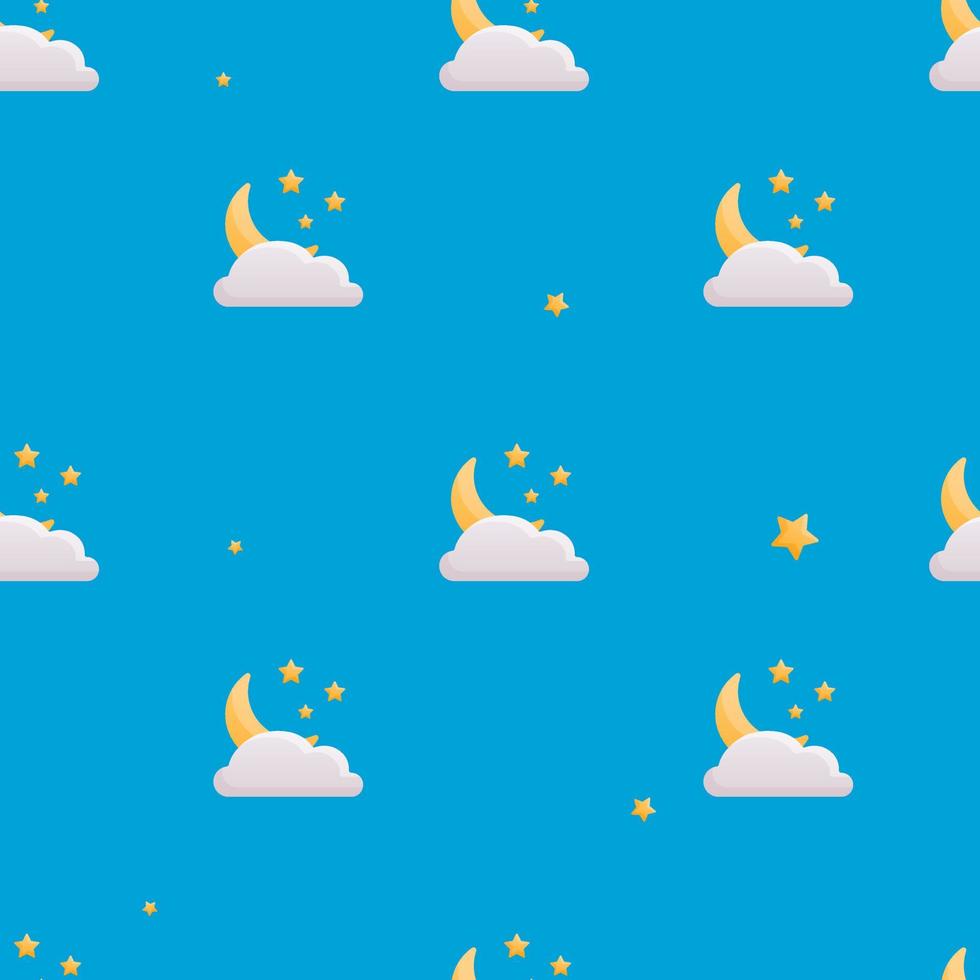 Vector seamless cute baby pattern. Background decoration or wrapping paper on the theme of sleep time. Cartoon simple half moon, stars and cloud on the blue sky.