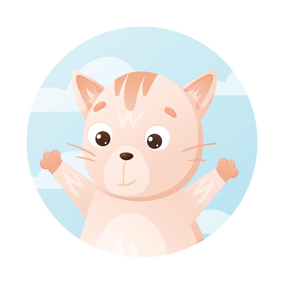 Vector illustration of cartoon animal funny cat on sky background.