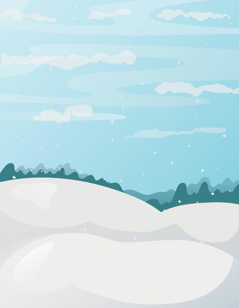 Vector winter landscape. Fields and hills with snow and drifts, forest on the horizon.