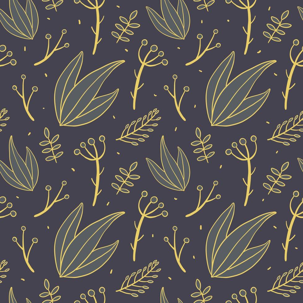 Vector modern seamless pattern. Doodle images and flat icons with twigs, berries and leaves. Wrapping paper and background decoration.