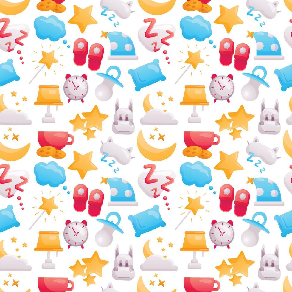 Vector pattern of cute bright icons. Sleep time theme. Cute decorations for baby items, wrapping paper and room. Image of the moon and stars, alarm clock, pillow, dreams.