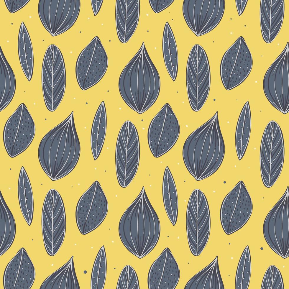 Vector modern seamless pattern. Doodle images and flat icons with twigs, leaves. Wrapping paper and yellow background decoration.