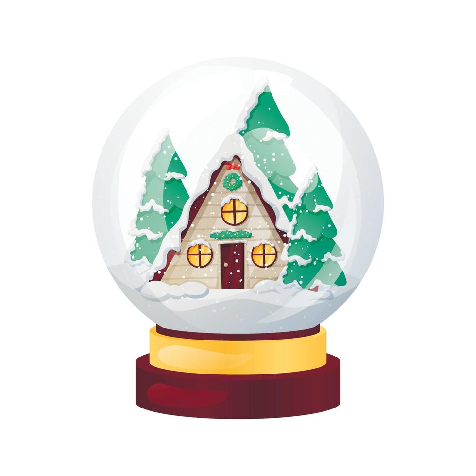 Vector isolated illustration of Christmas souvenir, glass ball with winter house inside, snowdrifts, snowfall and Christmas trees.