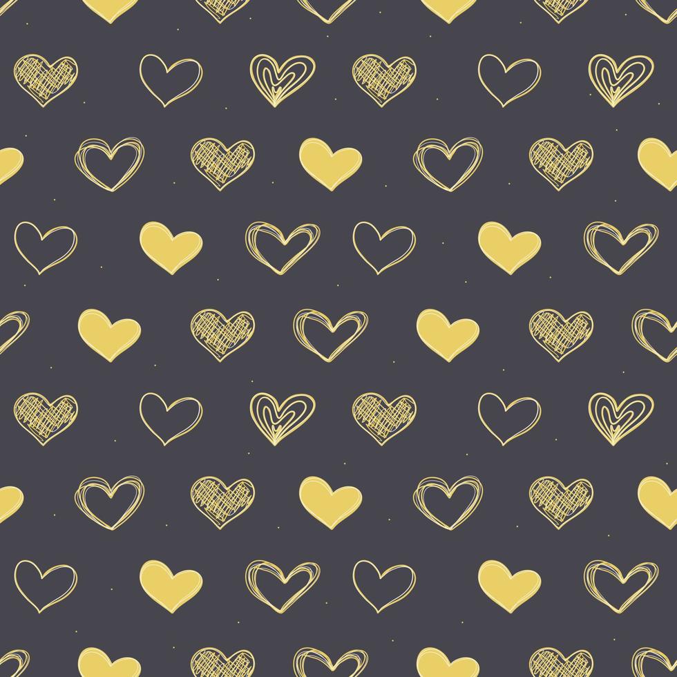 Vector seamless pattern for valentines day. Gold hearts on a black background of different shapes. Doodle flat icons. Background decoration